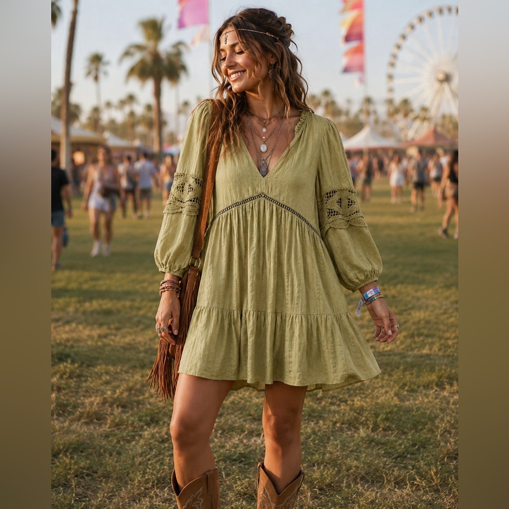 Bohme Boho Western Lace Sleeve Embroidered Crochet Babydoll Mini Dress Green M